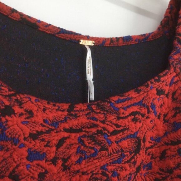 Free People Sunset Mini Dress L NWT Red Multi Print Puff Sleeve Bodycon Stretch - Picture 8 of 11